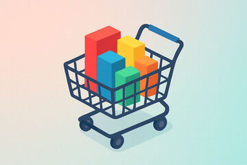 Colorful shopping cart filled with assorted items on a gradient background