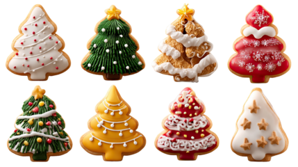 Festive Tree Cookies Delight: A collection of beautifully decorated Christmas tree cookies, each a unique edible work of art, ready to sweeten the holiday season.