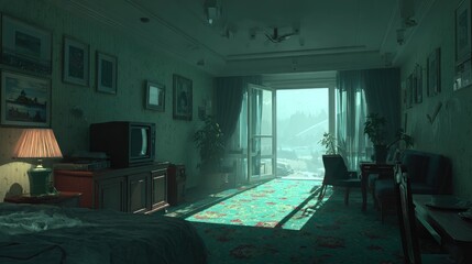 Vintage hotel room, moody,  sunlit