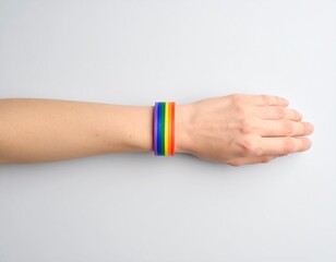 Rainbow Wristband: A human arm proudly displays a vibrant rainbow-colored wristband, representing unity, acceptance, and equality. Embracing color spectrum