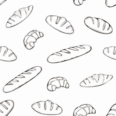 Hand-Drawn Bread Pattern Vector – Line Art Style with Croissants, Baguettes, and Pastries