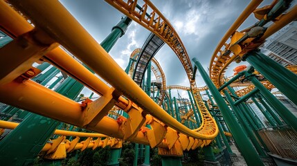 Obraz premium Steel rollercoaster structure with green supports under the cloudy sky