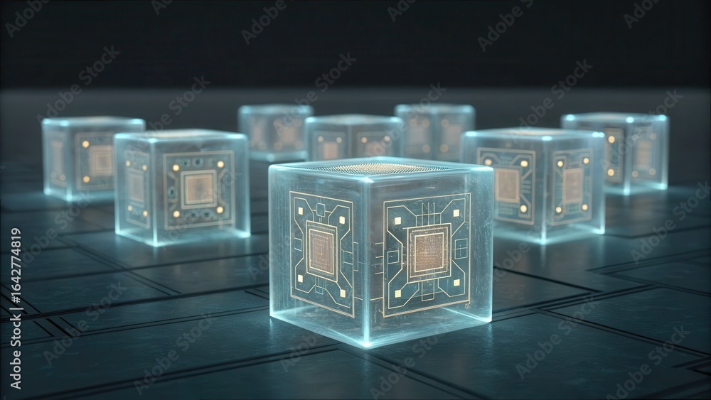 Poster futuristic blocks with inner circuitry and blockchain concept design
