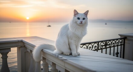 A beautiful white cat with striking blue eyes sits serenely on a marble balcony railing, overlooking a calm ocean at sunset with a sailboat in the distance.