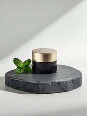 Black Cosmetic Jar with Gold Detail and Nature Accent