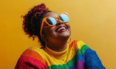 Happy African American plus-size disabled lesbian woman in a wheelchair wearing rainbow fashion and a pride flag. The image celebrates diversity and inclusion in the LGBTQ+, Generative AI