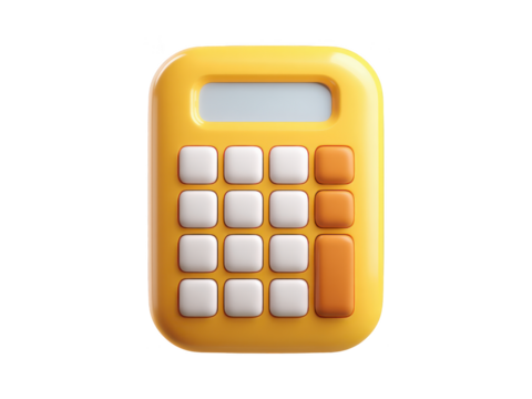 Cartoon Yellow Calculator with White and Orange Buttons Render isolated on transparent background