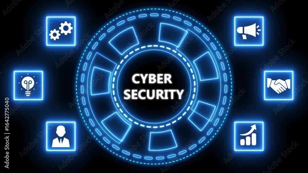 Poster cyber security concept with glowing interface and business related icons against dark background