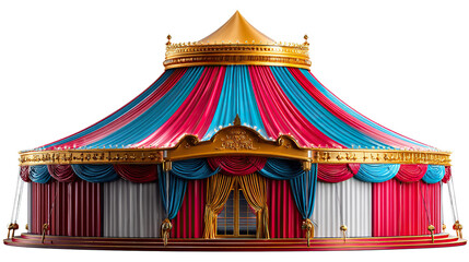 Circus Tent: A grand and colorful circus tent, adorned with vibrant red and blue stripes and a golden embellishments, evoking the magic and wonder of the circus arts. 