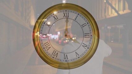 Man shifting on wooden walkway as transparent clock second hand advancing showing time management - Powered by Adobe