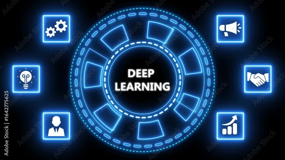 Poster deep learning technology concept with modern icons and futuristic interface visualization