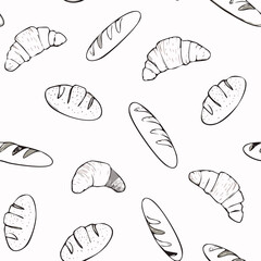 Hand-Drawn Bread Pattern Vector – Line Art Style with Croissants, Baguettes, and Pastries