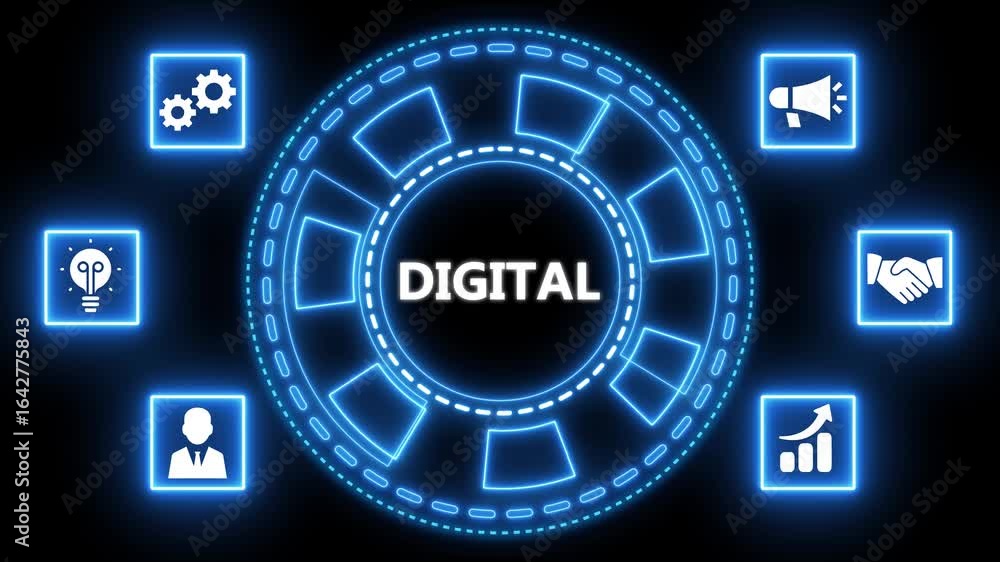 Poster digital transformation business concept with glowing icons and futuristic animated interface