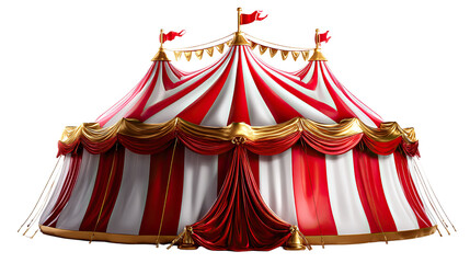 Big Top Spectacle: A magnificent circus tent stands resplendent, its vibrant red and white striped canvas billowing gracefully under the open sky.