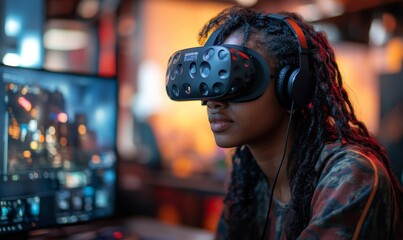 Young Black African American female gaming with a VR headset. The image showcases the immersive experience of virtual reality in a digital entertainment environment, Generative AI