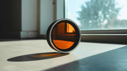 Professional orange photographic filter for a camera lens, positioned by a window with strong sunlight and deep shadows.