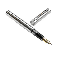 Elegant silver fountain pen with gold nib on black isolated on transparent background