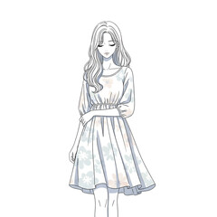 Graceful woman in floral dress with eyes closed, exuding serenity and elegance in a gentle pose.