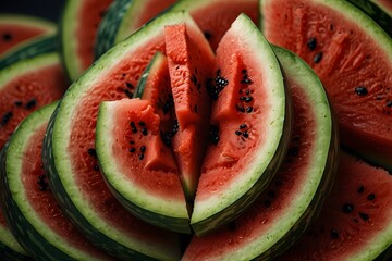 Close-up of freshly sliced juicy watermelon with vibrant red flesh and black seeds arranged for summer refreshment