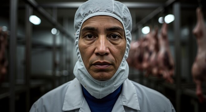 Focused worker in sterile suit inside meat processing facility, strict hygiene, quality control, cold industrial lighting, serious portrait, space for message