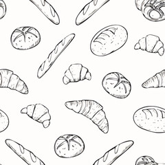 Hand-Drawn Bread Pattern Vector – Line Art Style with Croissants, Baguettes, and Pastries