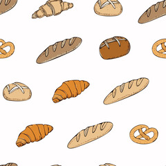 Hand-Drawn Bread Pattern Vector – Line Art Style with Croissants, Baguettes, and Pastries