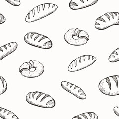 Hand-Drawn Bread Pattern Vector – Line Art Style with Croissants, Baguettes, and Pastries