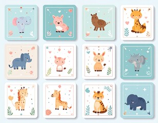 Fototapeta premium Playful Kids’ Educational Vector Illustrations—Animal matching game cards vector for kids