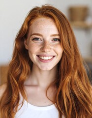 A smiling redhead woman with long, wavy hair and freckles