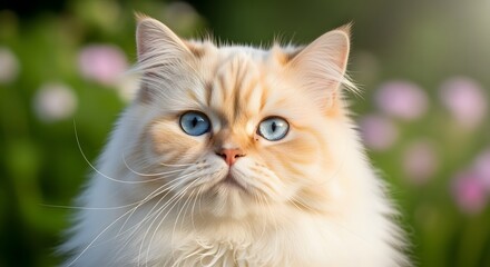 A close-up portrait of a fluffy, cream-colored cat with striking blue eyes, gazing intently.