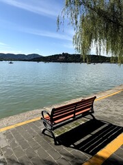 Serene lakeside view featuring a bench and willow tree in Beijing.