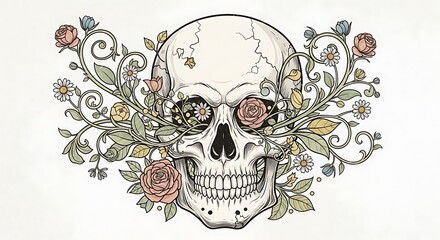 Colorful Floral Skull Illustration, Colorful Skull with Nature Elements, Floral Skull Artwork with Bold Colors &ndash; Vintage Tattoo Art Style.
