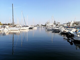 A serene marina with rows of white yachts and sailboats reflected on calm blue water, under a clear sky, with palm trees and white buildings lining the harbor in the distance.