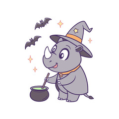 Cartoon rhinoceros dressed as a witch stirring a potion in a cauldron, with bats flying around.