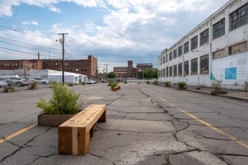 Spacious urban landscape featuring wooden bench surrounded by gr