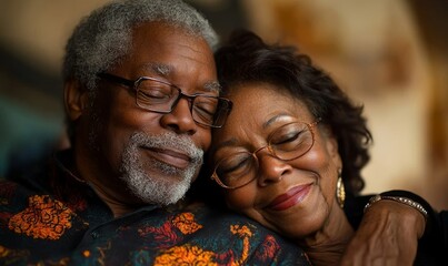 Happy interracial senior couple napping and enjoying each other's company. This image emphasizes the peaceful bond between couples in their golden years, Generative AI