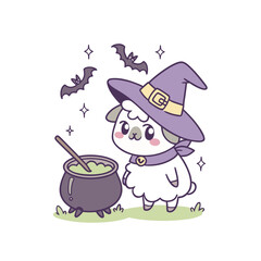 A cute cartoon sheep dressed as a witch, stirring a bubbling cauldron with bats and stars floating above.
