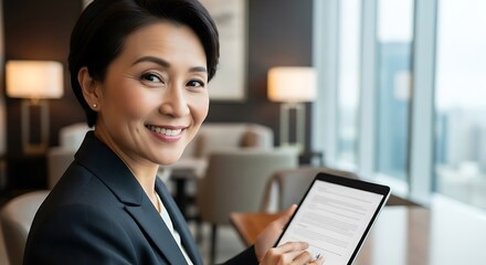 Professional woman smiling while using a tablet in a modern office setting with large windows and stylish interior design elements.