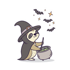 A cute sloth dressed as a witch stirs a bubbling cauldron, surrounded by bats and stars, on a white background.