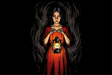 Romantic Charcoal Vector Art – Woman in Flowing Dress with Lantern in Smoky Night