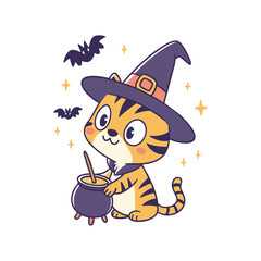 Cute cartoon tiger dressed as a witch with a cauldron, surrounded by bats and stars, for Halloween.
