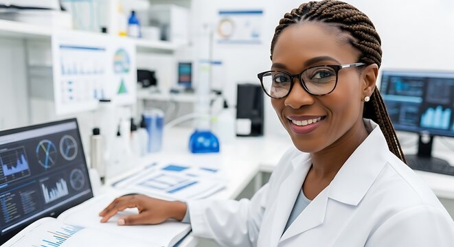 Professional woman in a lab coat smiling while analyzing data on a computer in a modern laboratory setting with charts