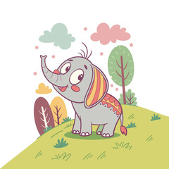 Cartoon illustration of a cute baby elephant standing on a grassy hill with trees and colorful clouds in the background.