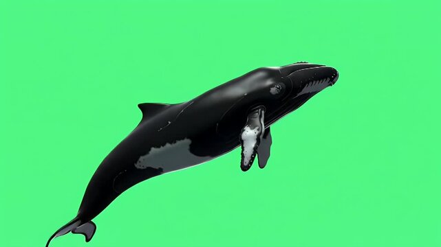 Graceful False Killer Whale or Pilot Whale Swimming on Green Screen Background, Isolated for Easy Compositing in Wildlife or Marine Life Projects