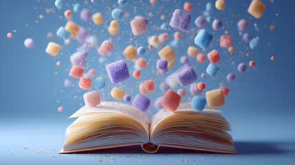 A magic book with shimmering lights and stars