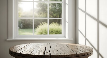Rustic wooden table in front of a sunlit window overlooking a green garden with bright shadows on the wall.