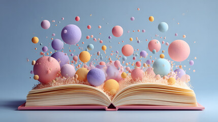 Education takes flight from an open book with vibrant balloons