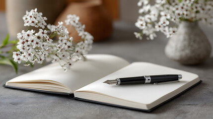 A close-up of a blank notebook and pen on a wooden desk, ready for writing