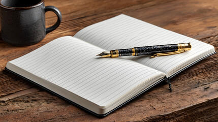 Notebook with pen and pencil on wooden surface