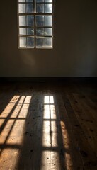 Minimal empty room with sunlight streaming through window onto wooden floor peaceful atmosphere wallpaper

